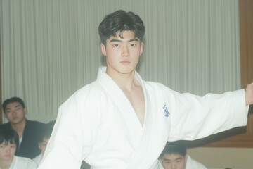 A Judo sensei demonstrating an advanced throwing technique to a captivated class of students
