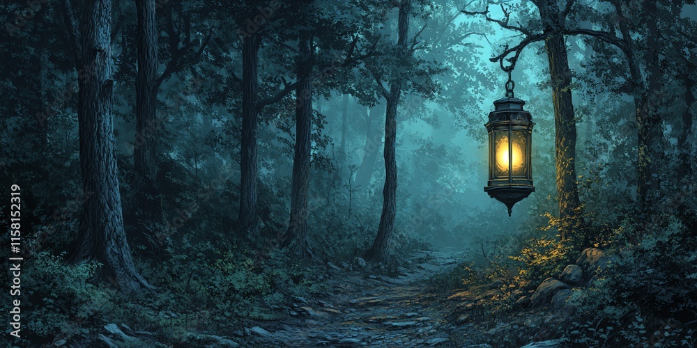 Aufkleber a serene forest path illuminated by a hanging lantern amidst dense trees.