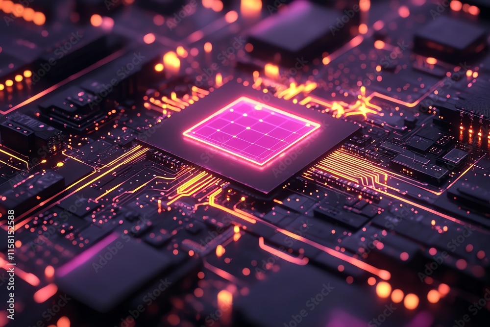 Aufkleber A close-up view of a digital circuit board with glowing components and a central processor.