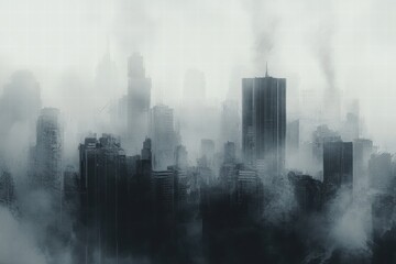 Dense smog engulfs city skyline obscuring buildings and creating an eerie atmosphere in an urban landscape. Generative AI