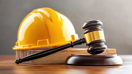 Hard Hat and Gavel on Table Signifying Fair Labor Law Judgments and Advocacy for Workers' Rights in Industrial Settings