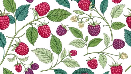  Illustration of raspberry and branches in a seamless pattern, colorful and playful.  