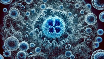 This is a microscopic image with a large bright blue cell in the center.