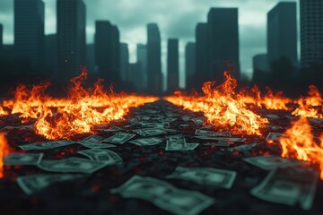 Fototapeta premium Impact of Economic Growth, Inflation and Monetary Policy on market trends concept. Burning money amidst a cityscape with flames and smoke in the background.