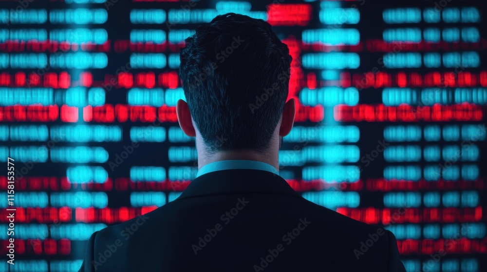 Poster businessman analyzing virtual data stream of ai and business intelligence