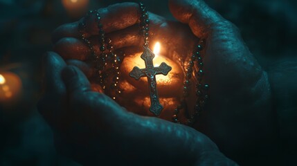 A pair of hands holding a glowing cross surrounded by candles, evoking a sense of spirituality and contemplation in a dimly lit environment.