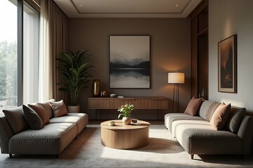 Modern Living Room with Cozy Sofas and Indoor Plants