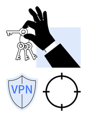 Hand holding keys, VPN shield logo, and a crosshair target symbol. Ideal for cybersecurity, data protection, privacy, secure access, digital security online privacy and threat detection. Line