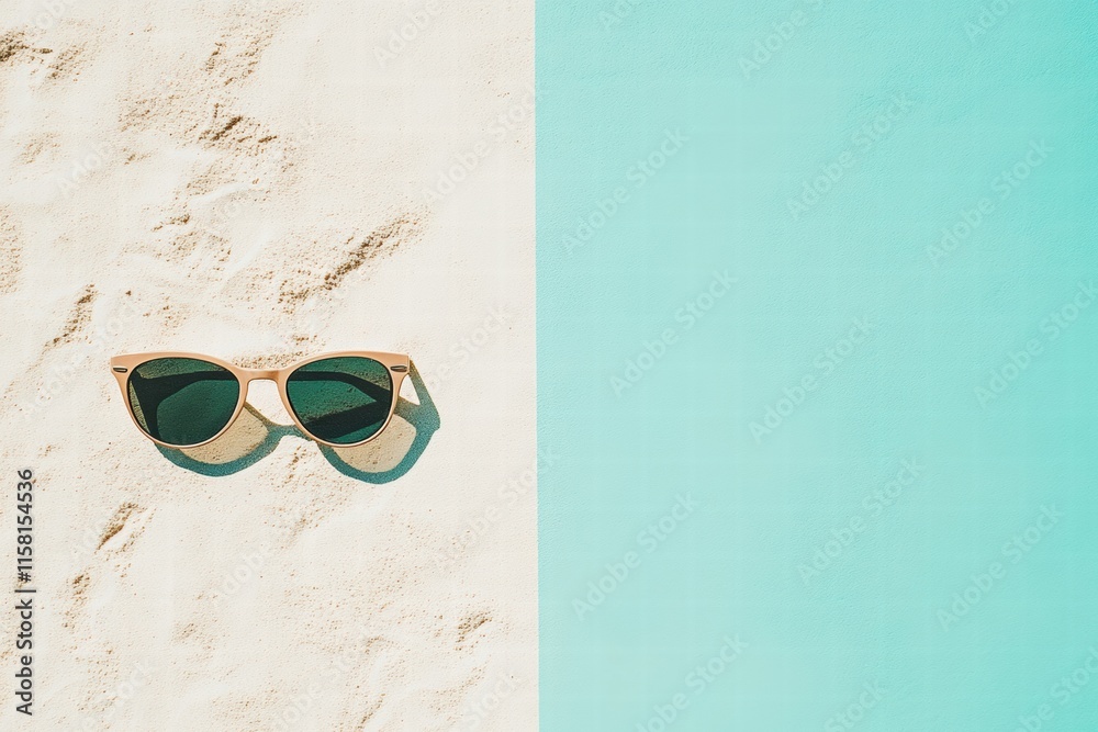 Aufkleber Stylish sunglasses on sandy beach with turquoise water and ample space for adding text or branding. Generative AI