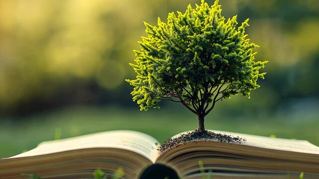 open book with growing tree symbolizing knowledge and growth, nature and learning concept