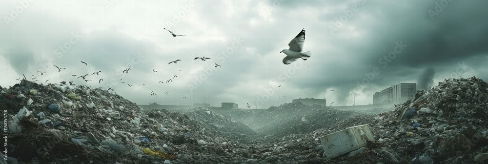 Aufkleber seagulls soar above a vast landfill under a cloudy sky, creating an eerie atmosphere with a focus on