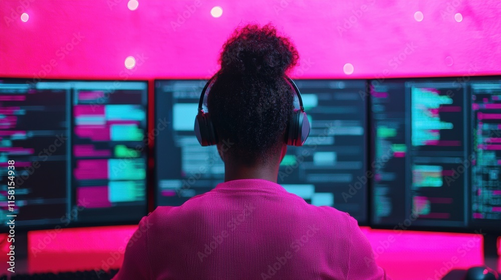 Leinwandbilder Programmer working on multiple computer screens with code and data visualizations in a futuristic office