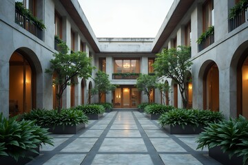 Fototapeta premium Elegant Courtyard with Lush Greenery and Modern Architecture