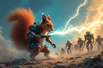 Futuristic Squirrel in Armor Faces Alien Soldiers
