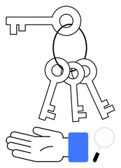 Hand holding keyring with four keys, magnifying glass above. Ideal for security, ownership, real estate, access, solutions, investigation trust. Line metaphor