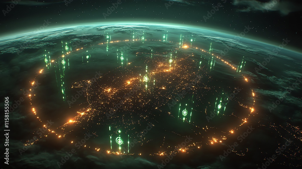 Aufkleber a futuristic cityscape illuminated with glowing structures and a digital atmosphere.