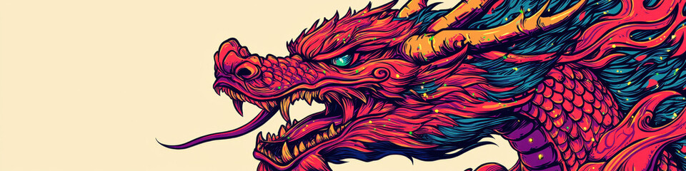 Fototapeta premium Vibrant crimson dragon with emerald highlights and fierce expression