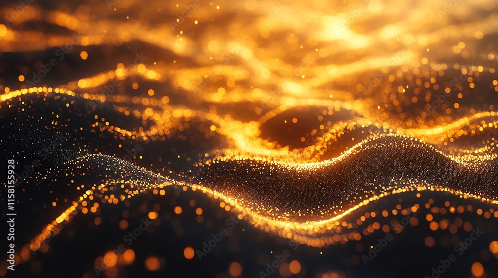 Poster Abstract glowing waves with shimmering particles creating a dynamic visual effect.