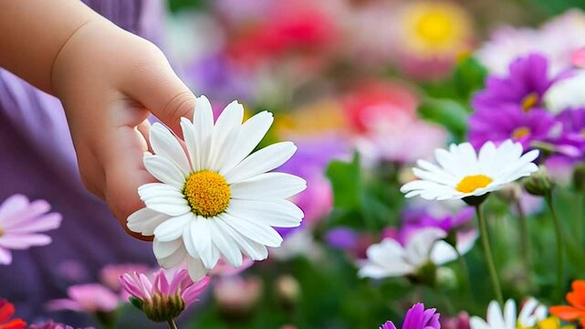 A close-up of a child's hand gently picking a white daisy amidst a vibrant garden filled with colorful flowers, symbolizing innocence and connection with nature