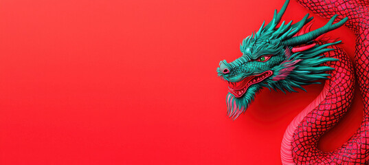 Fototapeta premium Vibrant dragon with emerald highlights on red background