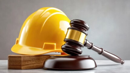 Hard Hat and Gavel on Table Signifying Fair Labor Law Judgments and Advocacy for Workers' Rights in Industrial Settings