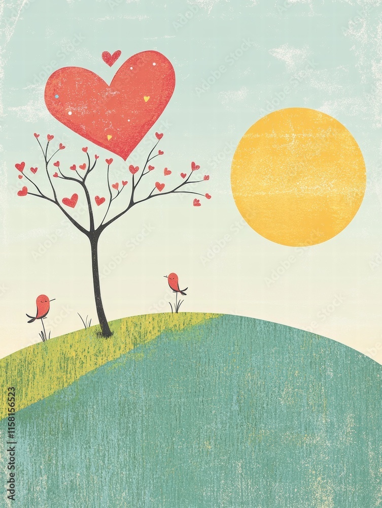 Poster whimsical valentines day artwork featuring a heart tree and cheerful birds against a sunny backdrop.