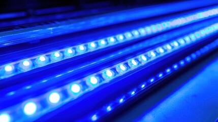 Close-up of blue LED lights in a linear arrangement, showcasing illumination technology.