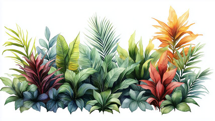 Fototapeta premium Tropical Rainforest Jungle Plants in Watercolor on White Background | monstera | Hibiscus | pothos | palm leaves