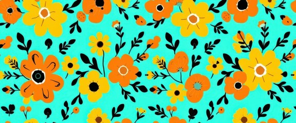 "Whimsical Folk Art Floral Pattern on Turquoise"