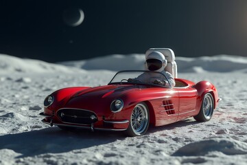 Astronaut Driving a Vintage Red Sports Car on the Moon
