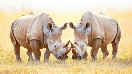 Fototapeta premium Rhinos Grazing in Soft Midday Light on Grassland