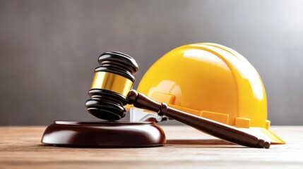 Hard Hat and Gavel on Table Signifying Fair Labor Law Judgments and Advocacy for Workers' Rights in Industrial Settings