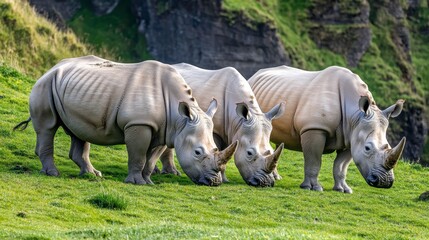 Obraz premium Rhinos Grazing on a Hill with Soft Lighting