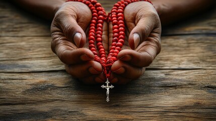 Hands holding red prayer beads with a silver cross against a wooden background, symbolizing faith and spirituality.