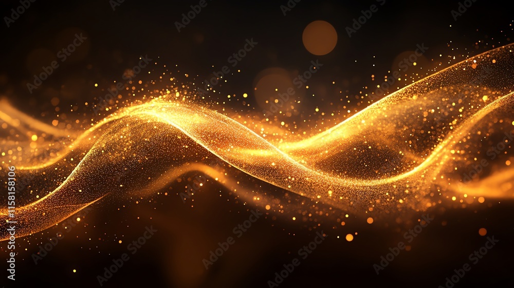 Poster a dynamic wave of golden light with shimmering particles, evoking energy and elegance.