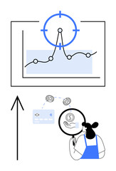 Businesswoman examines financial chart with magnifying glass. Ideal for finance, analytics, investment, business growth, market research, data analysis, economic trends. Line metaphor