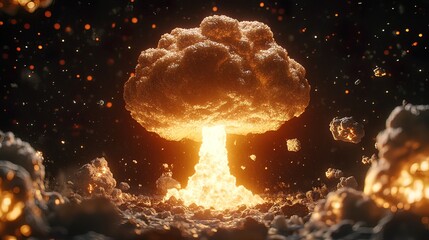 Fiery nuclear explosion mushroom cloud with debris and glowing embers on dark background.