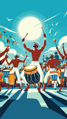 A group of samba drummers energetically playing traditional rhythms in the middle of a packed Rio Street, with people cheering and dancing around them, all under a brilliant blue sky