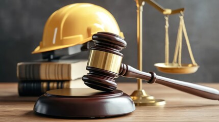 Hard Hat and Gavel on Table Signifying Fair Labor Law Judgments and Advocacy for Workers' Rights in Industrial Settings.Labor rights or Labor Law concepts for soical news pictures