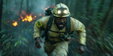 Fototapeta premium Firefighter in Intense Escape from Forest Fire