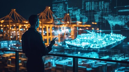A person interacts with a virtual interface displaying shipping data against a backdrop of a busy port at night.