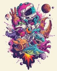 Vibrant cosmic artwork featuring an astronaut amidst monstrous creatures and celestial bodies; perfect for sci-fi, fantasy, and space-themed projects.