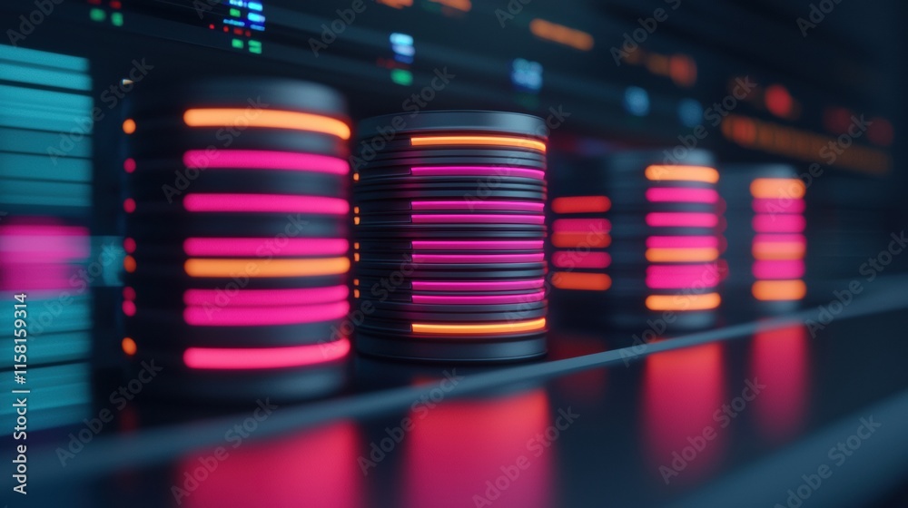 Poster futuristic server rack glowing with pink and orange lights in data center