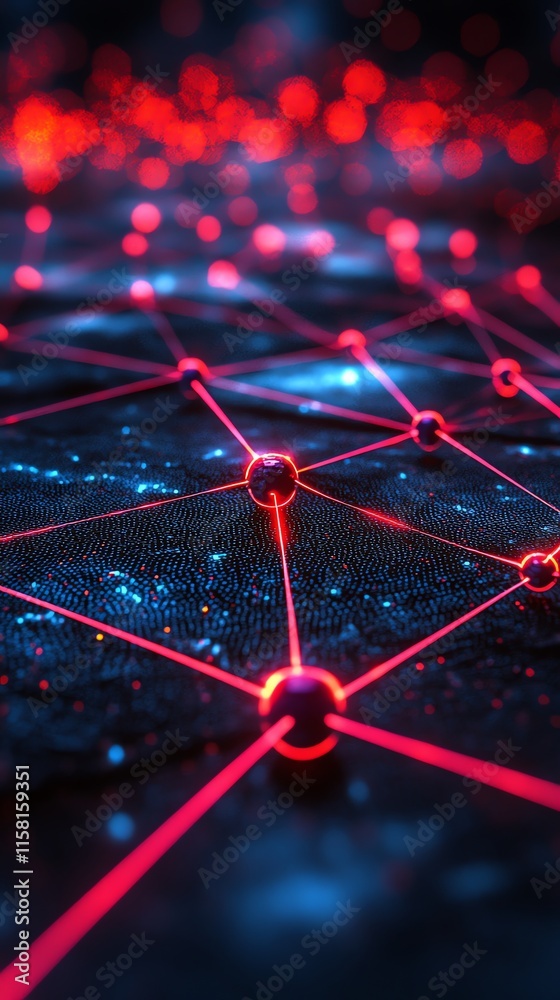 Poster A futuristic network with glowing nodes and connections on a dark surface.