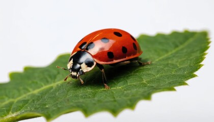 Naklejka premium Close-up of a ladybug on a vibrant green leaf.