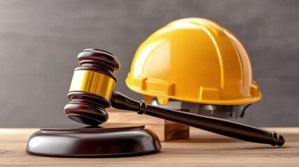 Hard Hat and Gavel on Table Signifying Fair Labor Law Judgments and Advocacy for Workers' Rights in Industrial Settings