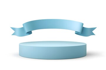 A simple blue podium with a ribbon banner above it, suitable for awards or presentations.