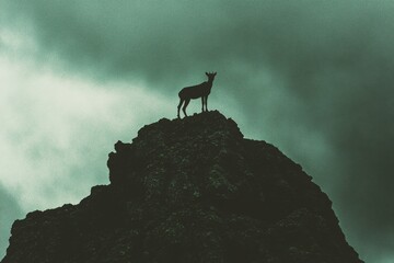 A dramatic view of an ibex standing on a mountain peak as storm clouds roll in, its silhouette dark against the ominous sky