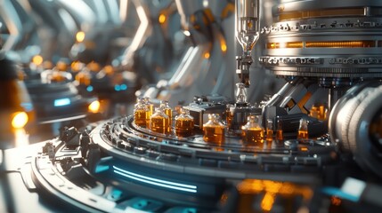 A futuristic industrial scene with glowing machinery and amber liquid containers.