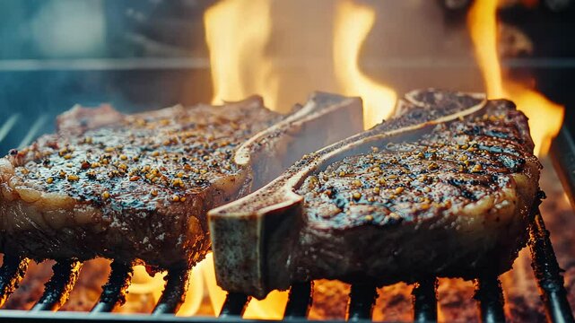 Grilled t-bone steaks on a flaming barbecue